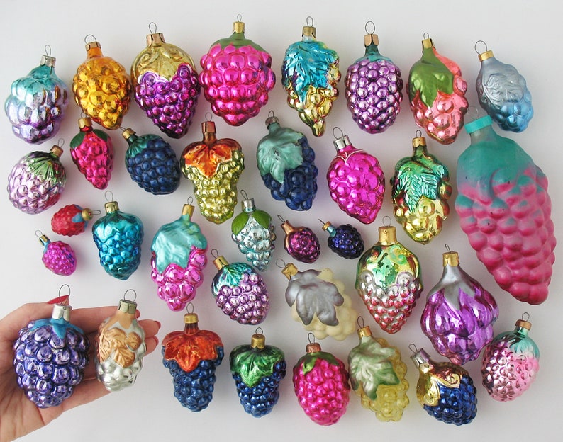 GRAPE glass Vintage Christmas Tree Ornaments, Retro Silver-Mercury Home Decor, Xmas Holiday Gift Decoration: Berry Blue Purple Pink Fruit image 6