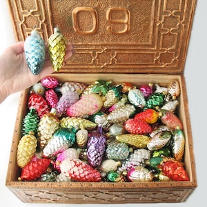 SET of Glass Vintage Christmas Tree Ornaments, Silver-Mercury Retro Home Decor, Xmas Holiday Gift- Lot of Decoration Pink Fir Pine cone
