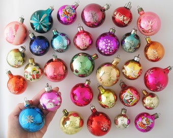 BALL with picture - GLASS Vintage Christmas Ornaments Hand Blown RETRO Home Decoration: Pink Blue Green Silver-Mercury Xmas Tree Decor