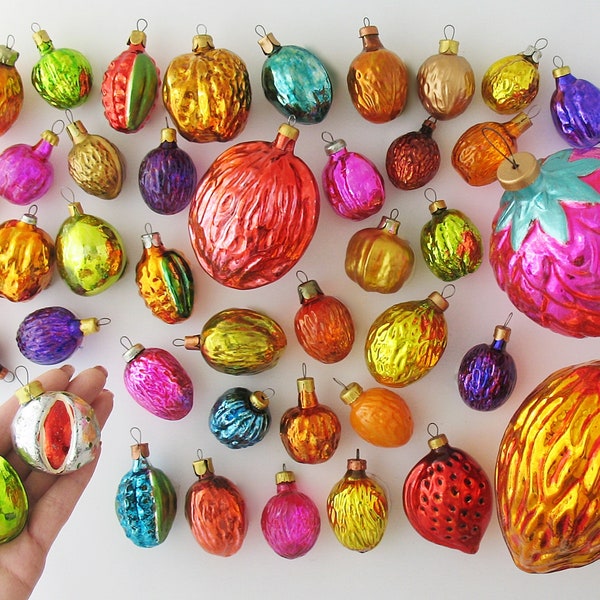 NUTS- Glass Vintage Christmas ornaments, Retro Home Decor, Xmas Silver-Mercury Holiday tree decoration: Walnuts, Almond, Chestnut, Pistachio