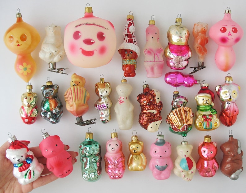 Björnar - VINTAGE Glasdekor, Retro Julgransprydnader, Silver-Kvicksilver Julklapp - Grandekoration: Isbjörnsunge, Cheburashka Djur bild 1