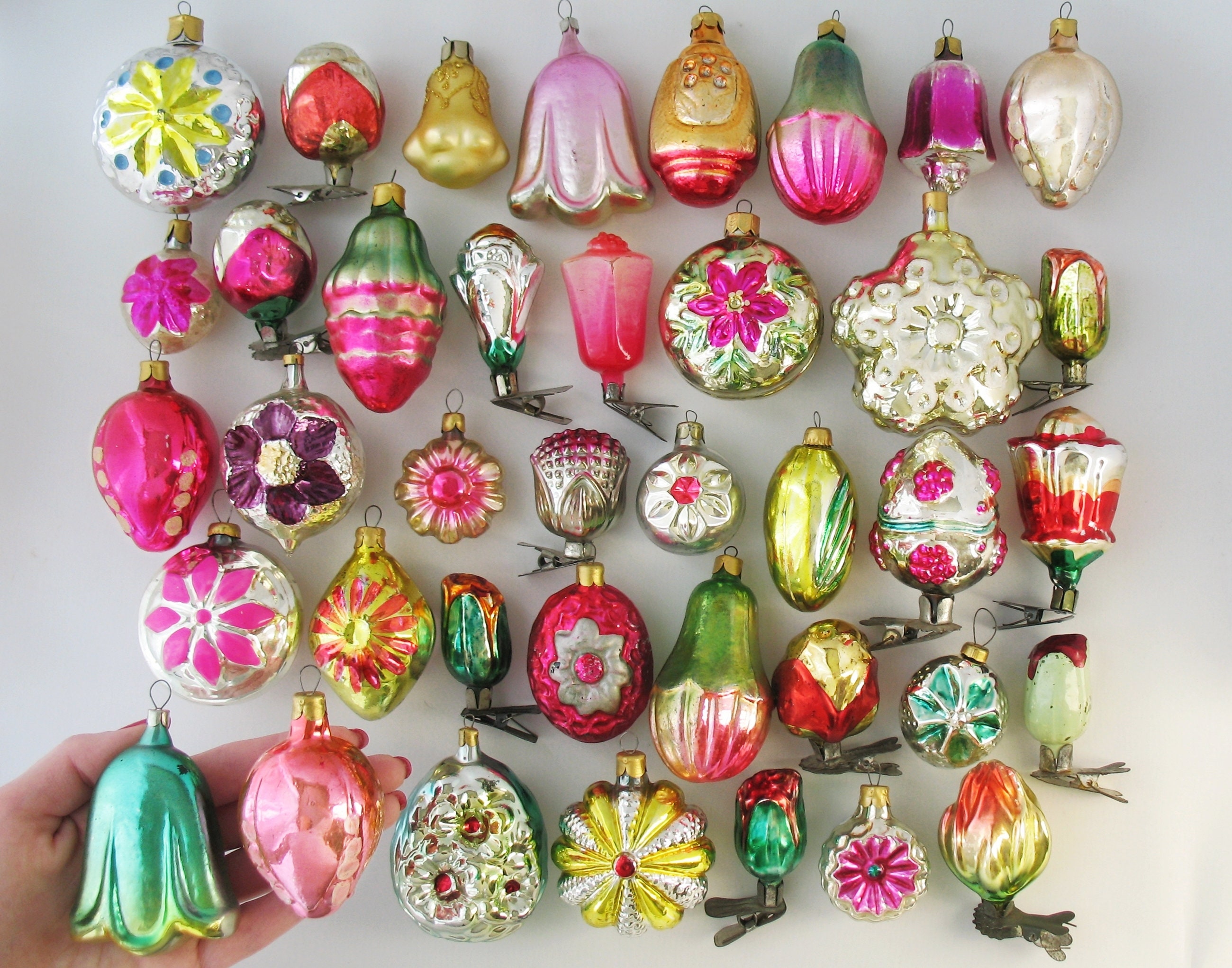 FLOWER Glass Vintage Christmas Tree Ornaments Silver Mercury Retro Home Decor Xmas Winter Holiday Gift Rose Bud Decoration Pink Green