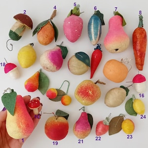 Antique, Vintage Christmas Tree Ornament, Retro Xmas Home Decor: Fruit Vegetables- Pear, Lemon, Cherry, Apple, Strawberry Gift Decoration