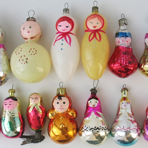 GIRL- vintage Noël Ornement Xmas Orange Jaune Argent Rouge Bleu Russe Verre Décoration Collection Nouvel An URSS Soviétique Nesting Doll