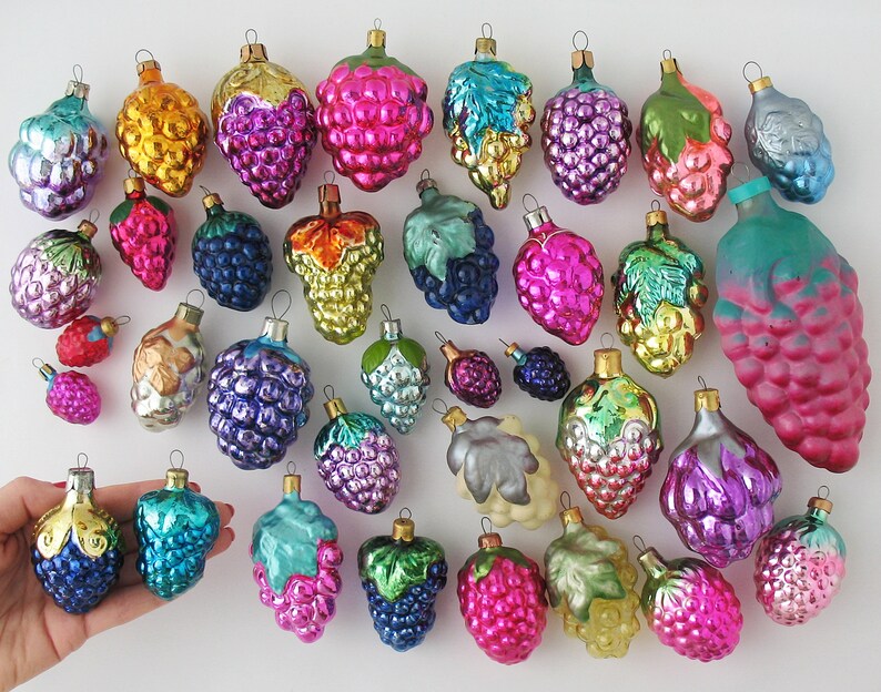 GRAPE glass Vintage Christmas Tree Ornaments, Retro Silver-Mercury Home Decor, Xmas Holiday Gift Decoration: Berry Blue Purple Pink Fruit image 10