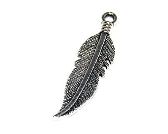 10 - 20 - 50 feather silver metal 26x7mm (charm, pendant, charms)