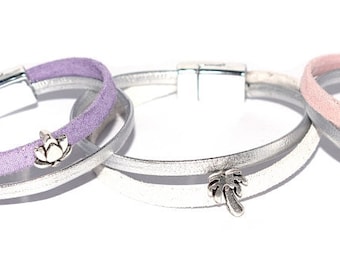 Kit "DIY" fine bracelet in white, pink or purple iridescent leather & silver metallic leather / passing lotus, palm or cactus