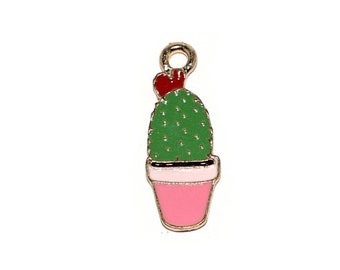 5, 10 or 20 golden enamelled cacti green and pink 25x9mm / (plant - flower charm, pendant)