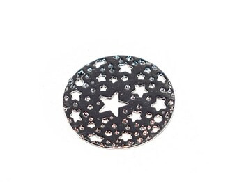 1 , 2, 5 or 10 Round with perforated stars plated silver 15 or 20 mm - charm, pendant, connector