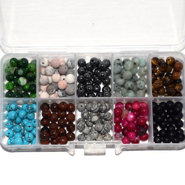 Assortiment 200 perles naturelles semi-précieuses 6 mm  + boite (agate, turquoise, onyx, obsidienne, lave, oeil de tigre, hématite, jaspe)