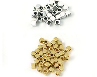 20, 50 or 100 cube bead - square metal 3mm hole 1.4mm silver, gold