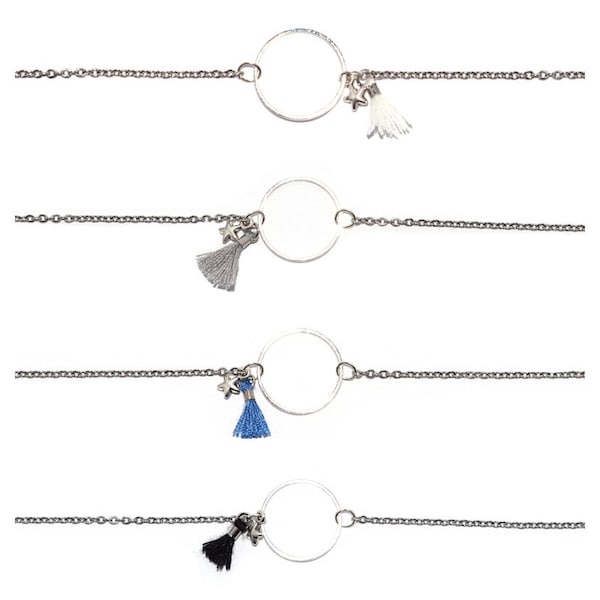 Kit "DIY" fine bracelet silver disc, mini star and pompom (white, gray, black or blue), stainless steel chain