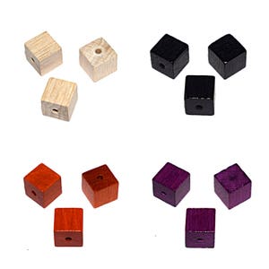 50, 100 or 200 cube wood beads 10 mm orange, natural, purple or black (square) (treated and varnished)