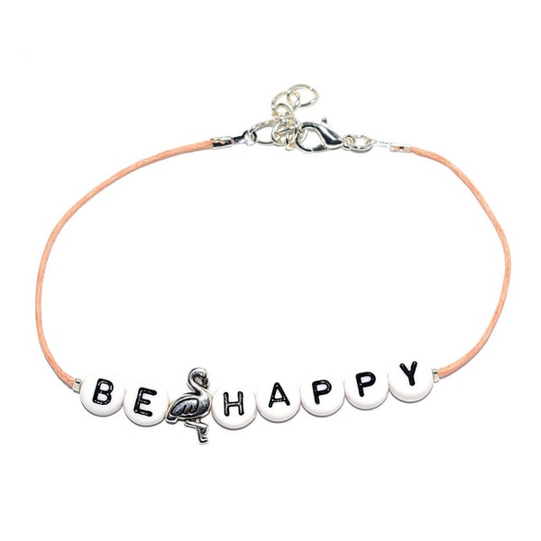 5 , 10 ou 20 Kit DIY bracelet " Be happy" pêche (lettres acryliques, coton ciré et perle métal flamant rose)