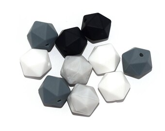 10, 20, 50 hexagonal pearls silicone food camaieu gray, white, black, marbled 14 mm manufacture rattle, baby nipple attachment