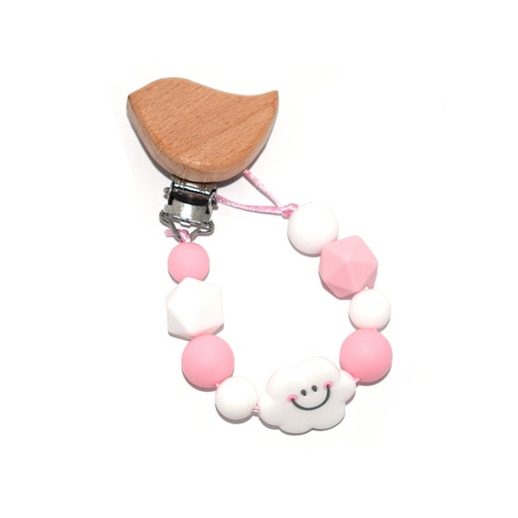 Kit DIY attache tétine / sucette oiseau en perles silicones rose clair et  blanc - perle nuage blanc sourire