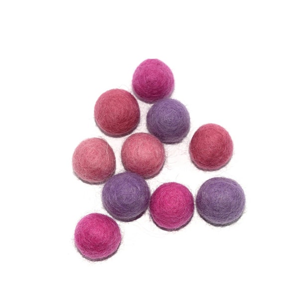 10, 20, 50 perles Boule feutrine (en laine feutrée) 20mm camaieu dégradé violet, mauve, rose fuchsia / décoration, module bébé normes CE