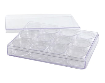 Storage box with 12 round boxes plexiglass 160x120x25mm transparent