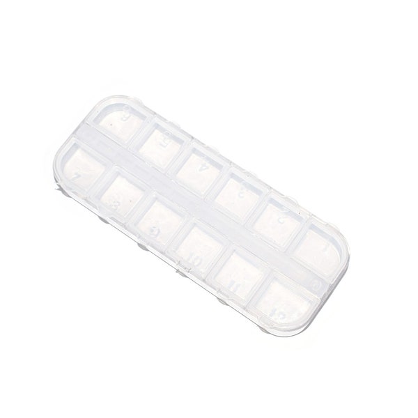 2, 5 ou 10 Boite de rangement transparente 12 cases / compartiments 13x5x1,5cm  (idéal pour rangement de perles, boutons, pêche, etc.)