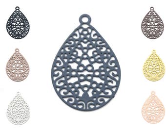 Set of 5 or 10 Print / Pendant / charm filigree drop 16x24mm (dark blue, light blue, beige, brown, silver, gold or rose gold)