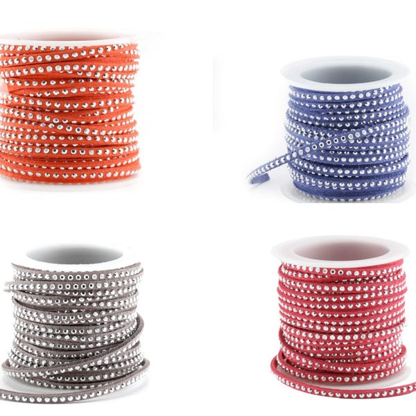 1 , 2 or 5 m suede ribbon (artificial suede) nail effect (rivet / rhinestones) silver 3 mm - gray, blue, pink (fuchsia), orange (coral)