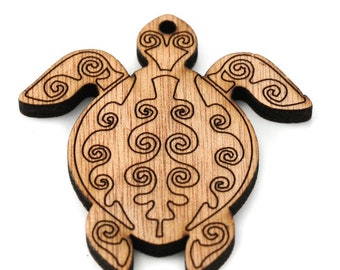 1 , 5 ou 10 Pendentif tortue décorée / gravé   en bois naturel 60x55 mm (marron foncé)