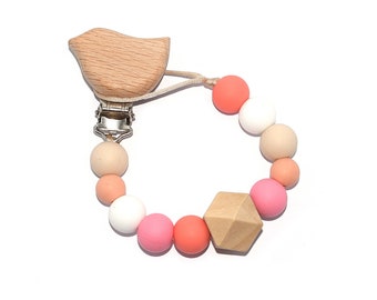 Kit "DIY" attachment nipple / bird lollipop in wood, pearls silicone coral, beige and coral, hexagonal wood