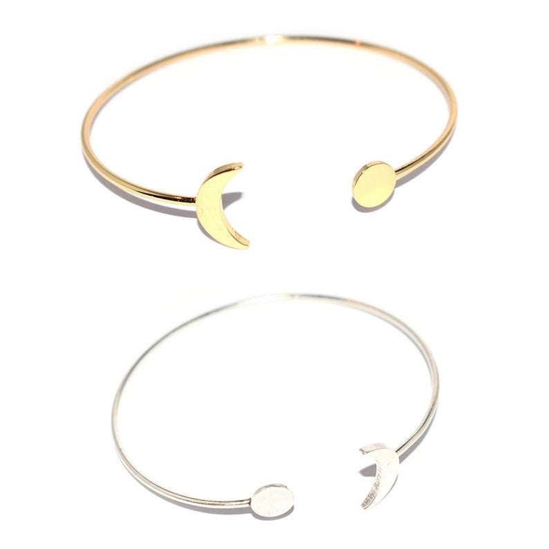 1 5 or 10 Half open rush bracelet crescent moon and gold or silver disc 18cm