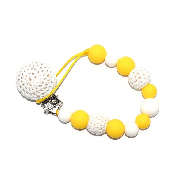 Kit "DIY"  attache tétine / sucette crochet blanc, perles silicone jaune