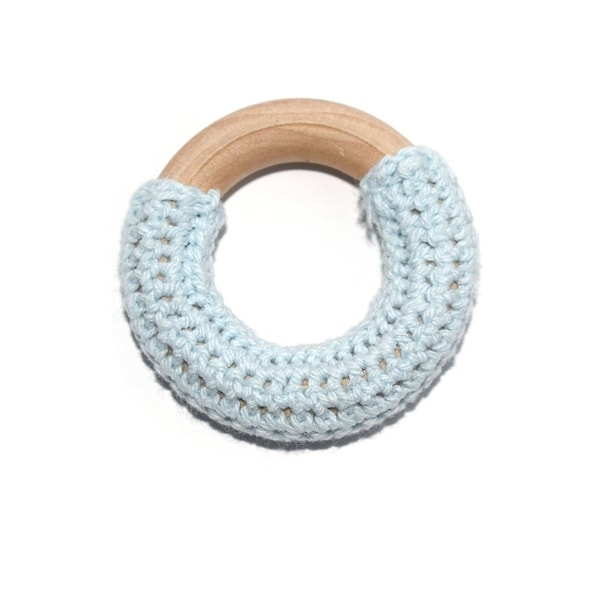 Anneau de dentition rond  en bois naturel avec crochet bleu clair (fabrication/ matériel hochet) - normes CE