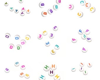 75, 150 or 300 Round pearl flat acrylic alphabet white multicolor writing (rainbow) 7mm A B C D E F G H I (plastic)