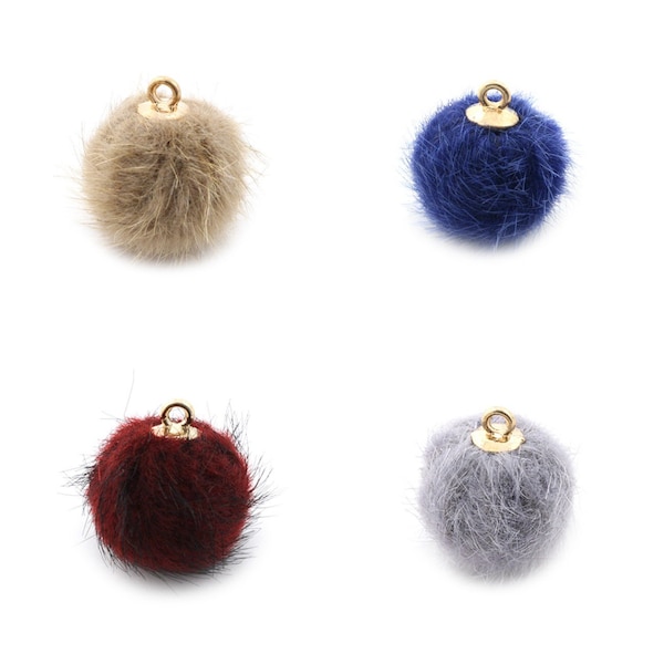 5 - 10 ou 20  pompon rond fourrure / poils  15mm  beige, bleu, bordeaux ou gris clair