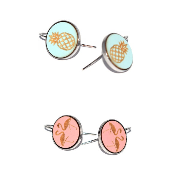 Kit "DIY" boucles d'oreilles "Flamant rose" ou " Ananas" pendantes argenté et cabochon en bois rose ou bleu clair