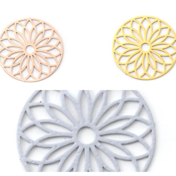 5 , 10 or 20 Rosette print (round flower) 24mm (gold, rose gold or light grey) - (charm, watermark pendant)