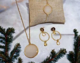 Box créative de Noel - Kit DIY  (3 bijoux à réaliser soi-même collier, boucles d'oreilles asymétrique et bracelet vitrail doré) noir / blanc