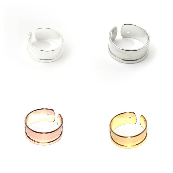 1, 5 ou 10 Support de bague "esclave - jonc" argenté - or rose - doré ou gun (gris foncé ) rebord courbé pour corde plate 5 mm réglable