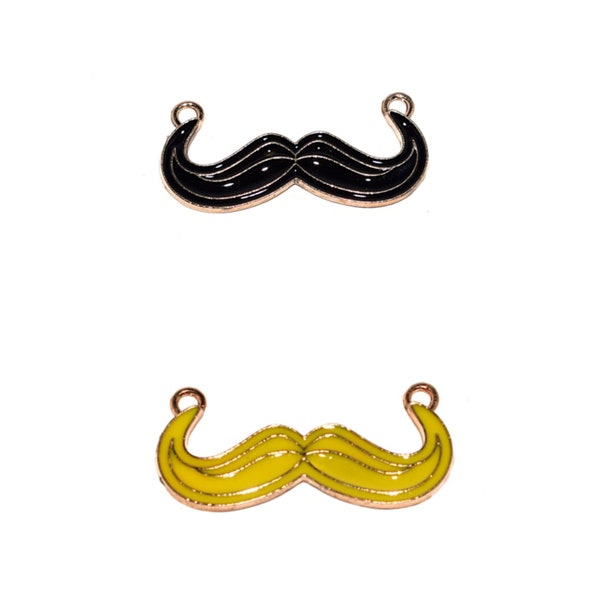 10, 20 ou 50  moustache émaillé noir ou jaune métal doré / breloque, pendentif, connecteur (2 anneaux) 15x34mm