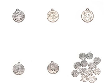 5 - 10 20 Medallion Pendant round charm Astrological sign / zodiac silver metal (Cancer, Virgo, Sagittarius, Gemini, Pisces, Leo)