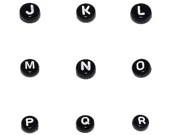 75, 150 or 300 Flat round pearl acrylic alphabet black writing white 7mm J K L M N O P Q R (plastic)