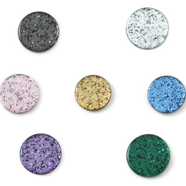 2 - 5 - 10 Cabochon plat 15mm rond pailleté (glitter, irisé brillant) argenté, noir, rose, doré, bleu, vert, violet