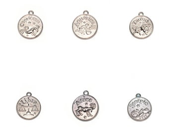 5 - 10 20 Medallion Pendant round charm Astrological sign / zodiac silver metal (Capricorn Taurus Scorpio Balance Aries Aquarius)