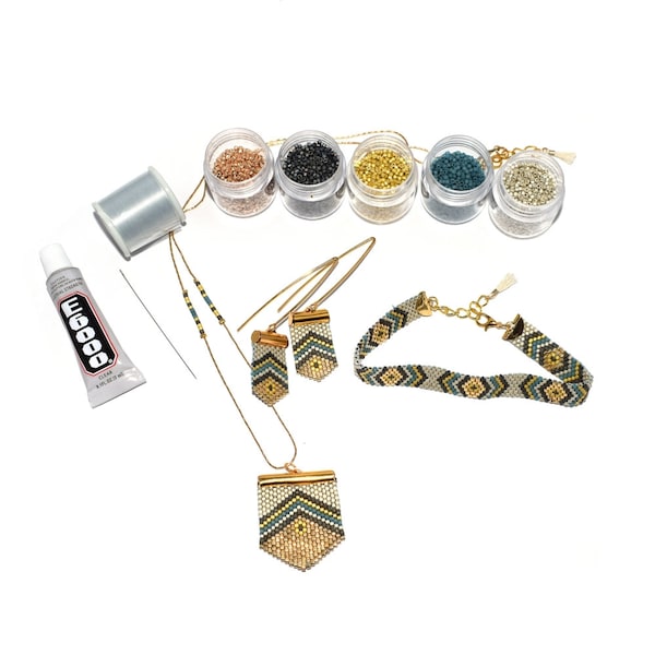Kit complet bijoux tissage peyote Miyuki doré & bleu (boucles d'oreilles, collier, bracelet)