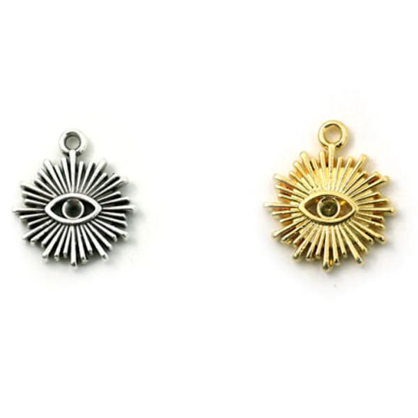 5, 10, 20 rond soleil et Oeil (mauvais œil) métal argenté ou doré  15mm  ( pendentif, breloque)