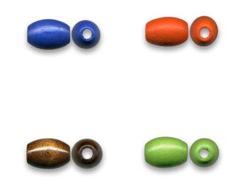 Lot de 100 , 200 ou 500  perles bois ovales (olives) 10x16 mm (traitées et vernies) marron vernis, vert, orange, bleu marine