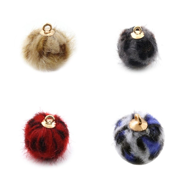 5 - 10 ou 20  pompon rond fourrure / poils léopard (dessin animaux) 15mm  beige / marron, rouge / noir, bleu / gris, gris / noir + hampe