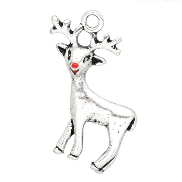 2, 5 ou 10 Renne de Noel métal argenté nez et bouche émaillé rouge  24x21mm / Pendentif - breloque (charm)