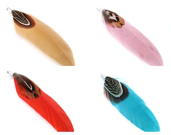 2 or 10 double feathers with pheasant ring placement + either red, blue, beige or pink 70mm (charm, pendant)
