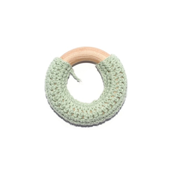 1 Anneau de dentition rond  en bois naturel avec crochet vert menthe clair (fabrication/ matériel hochet) - normes CE