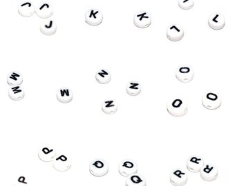 75, 150 or 300 Round pearl flat acrylic alphabet white writing black 7mm J K L M N O P Q R (plastic)