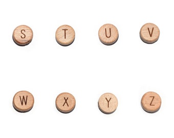 5 Perle ronde plate alphabet en bois naturel gravé 15mm - S T U V W X Y Z - pour  jouet et attache tétine bébé aux normes CE NF